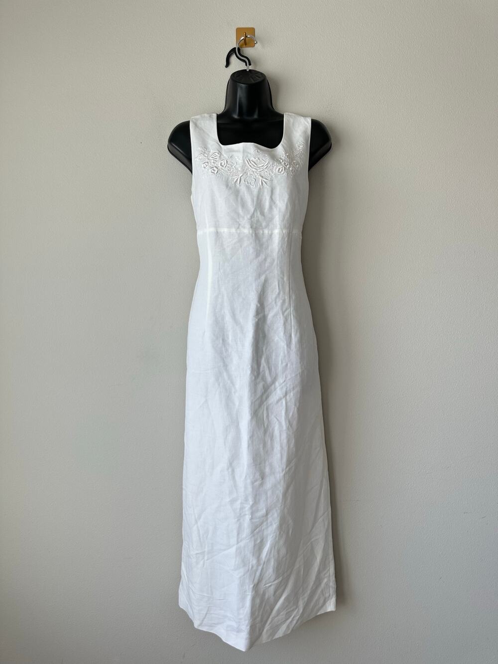 Vintage 90s White Linen Blend Embroidered Midi Dress Minimalist Bridal 10